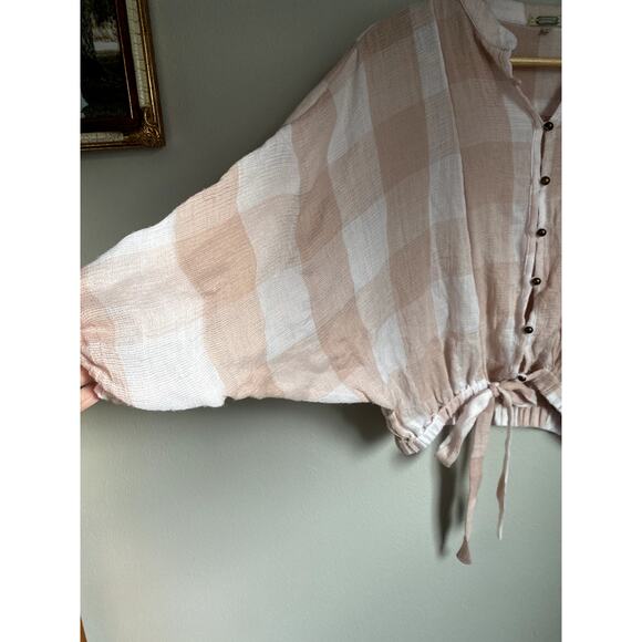 Gimmicks Gingham Plaid Pink Blouse Small Tie Top Crop Dainty Feminine Soft Cozy - Picture 3 of 5